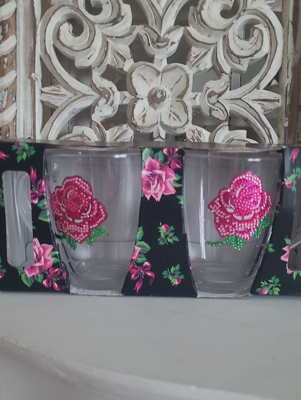 Betsey Johnson Coffee Mugs Set Of 2 With A Beautiful Rhinestone Bling Rose On It